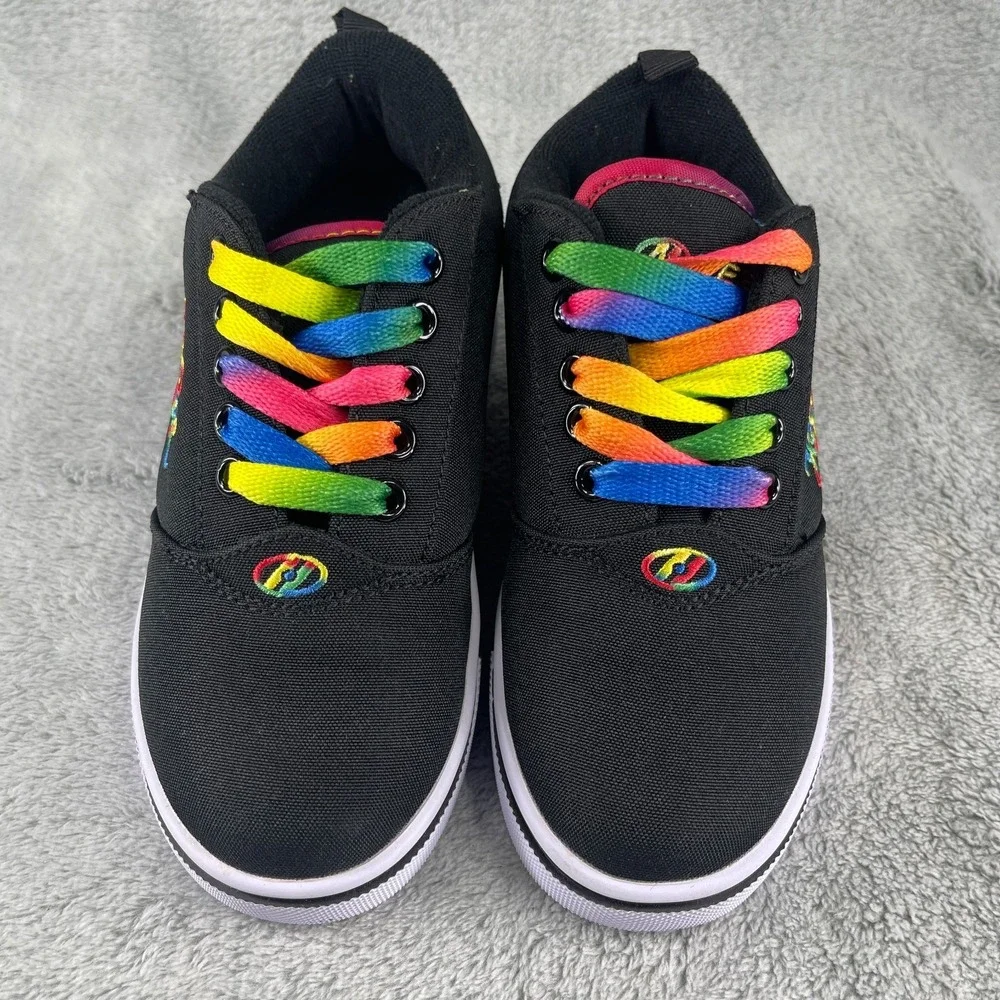Heelys Skate Shoes Girls Size Yth 13c Solid Black Rainbow Logo Black Wheels